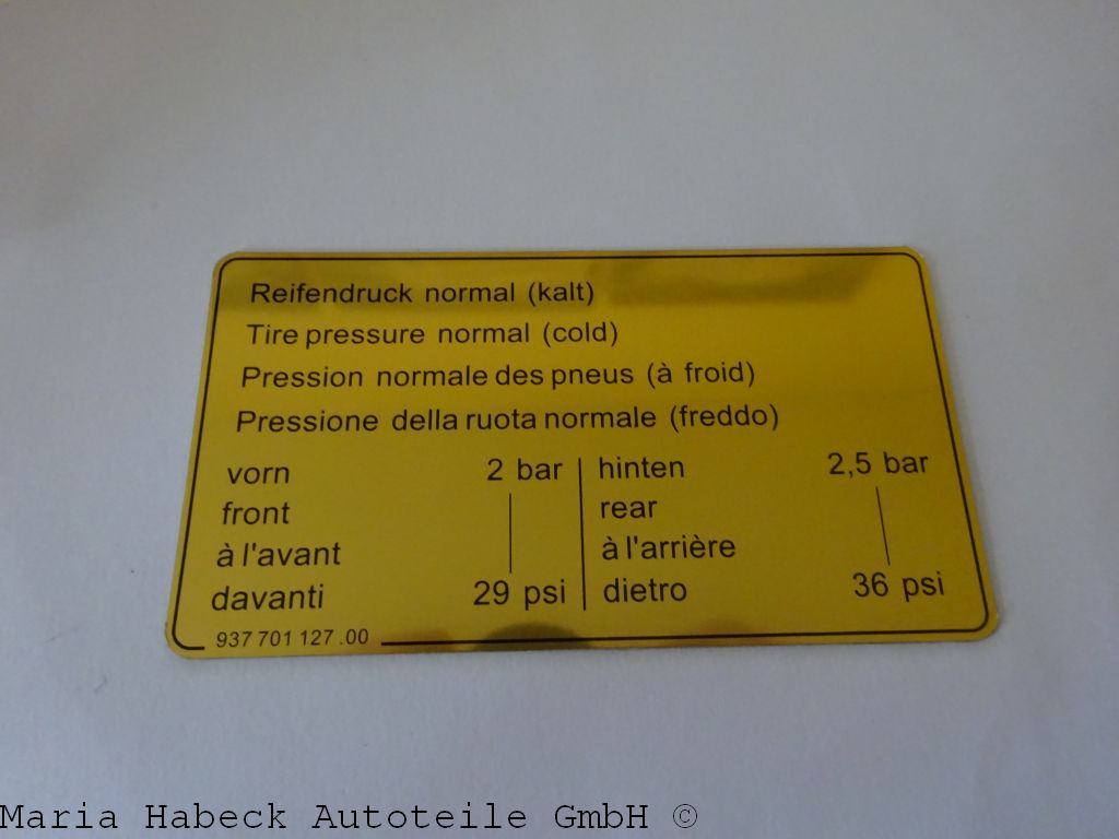 Sticker normal tire pressure 911 year 84-89