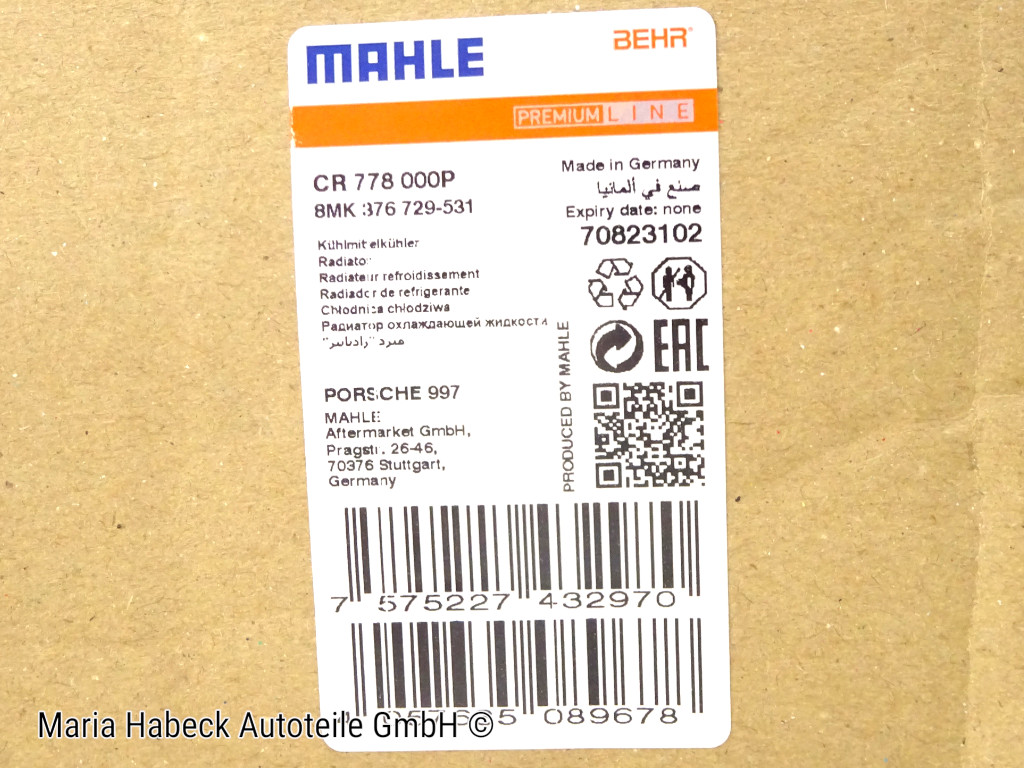 Mahle Wasserkühler Mitte  für Porsche 997 / 987 / 987C  CR778000P 99710603702