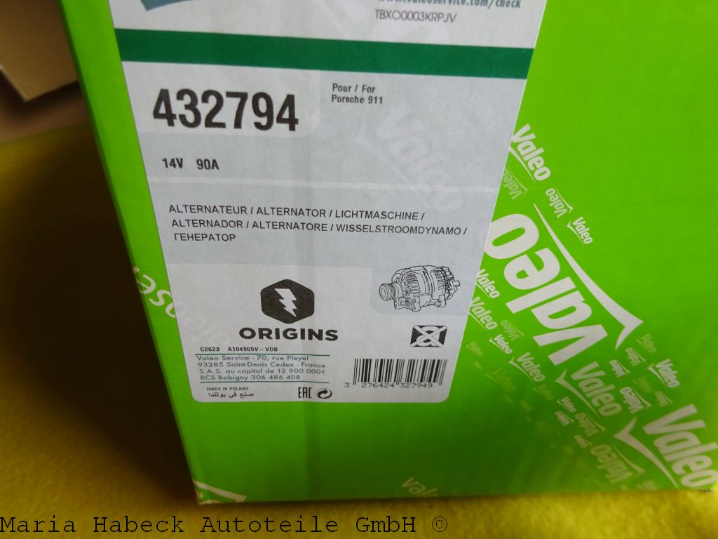 Alternator Valeo 911 3,2 14 V 90 Ah   432794