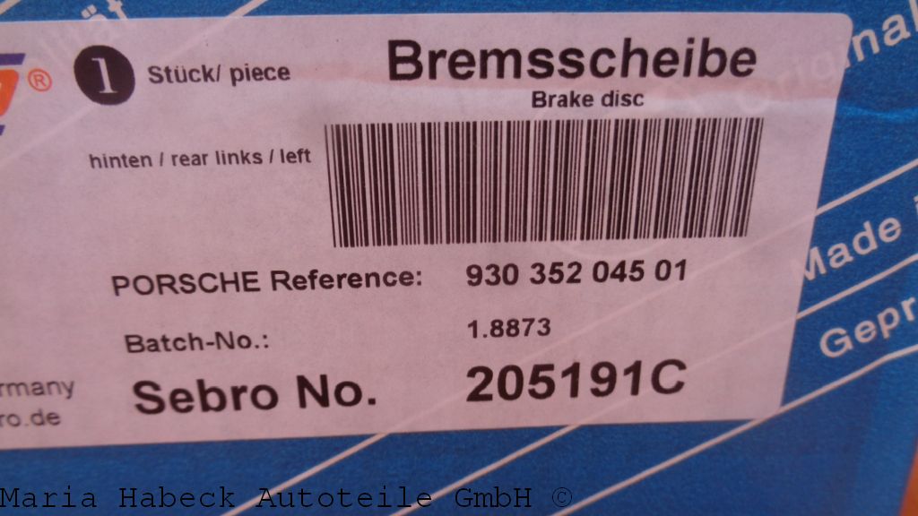 Sebro Bremsscheibe 3,3 Turbo HA L 9/77-11/90   205191C