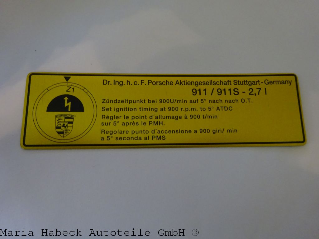 JP engine compartment sticker ignition timing / Lima Porsche 911 S / 2.7 9110065