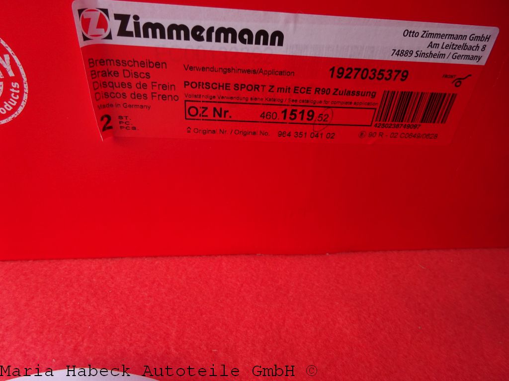 Zimmermann Brake Disc Porsche 964 VA C2/C4 Sport 460.1519.52 96435104106 Zimmermann Brake Disc Porsche 964 VA C2/C4 Sport 460.1519.52 96435104106