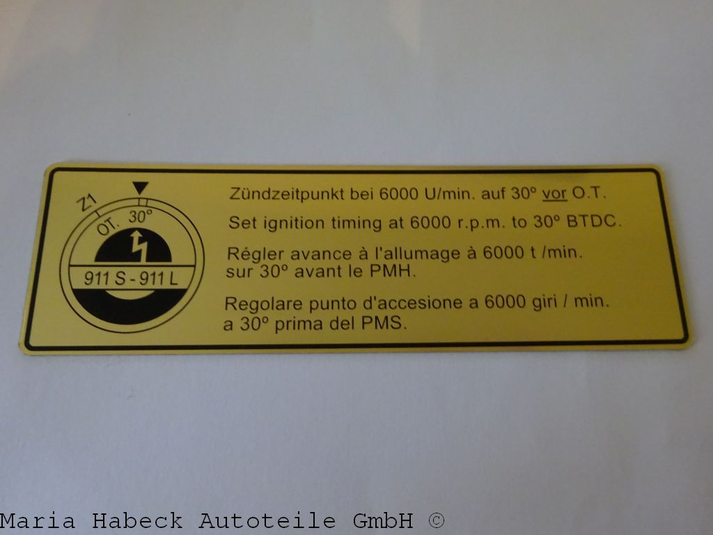 JP engine compartment sticker ignition timing / Lima Porsche 911 2.0 90100651000 JP engine compartment sticker ignition timing / Lima Porsche 911 2.0 90100651000
