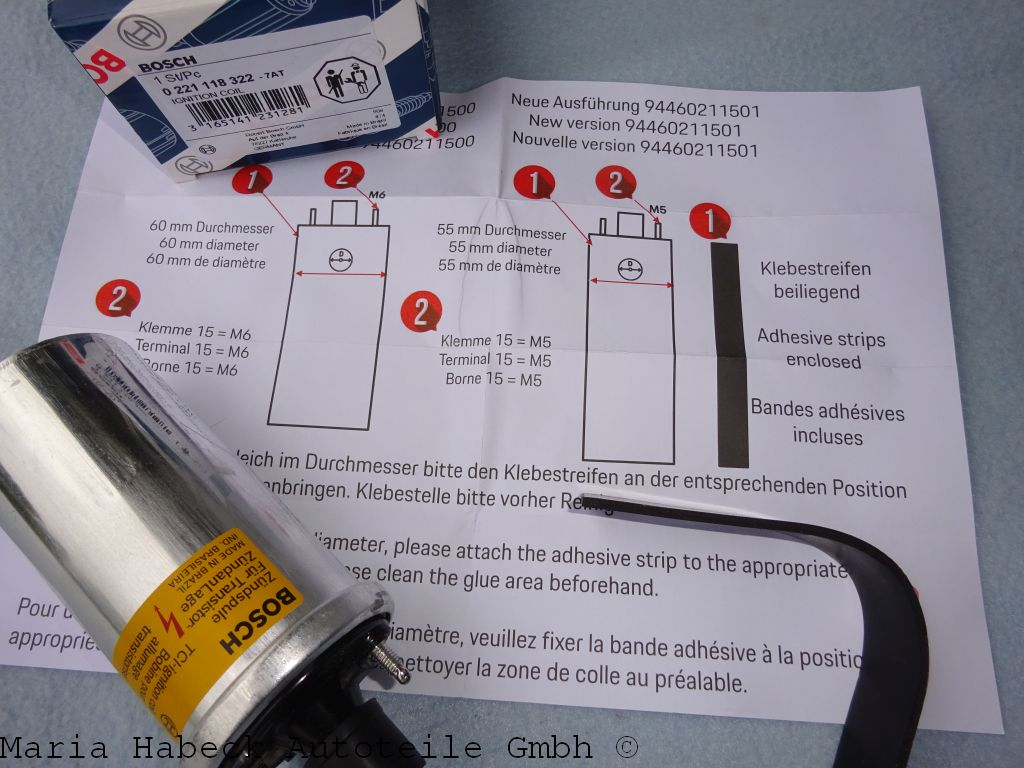 Bosch ignition coil Porsche 911 3.2 / 944 / 928 / 964 0221118322 / 94460211500